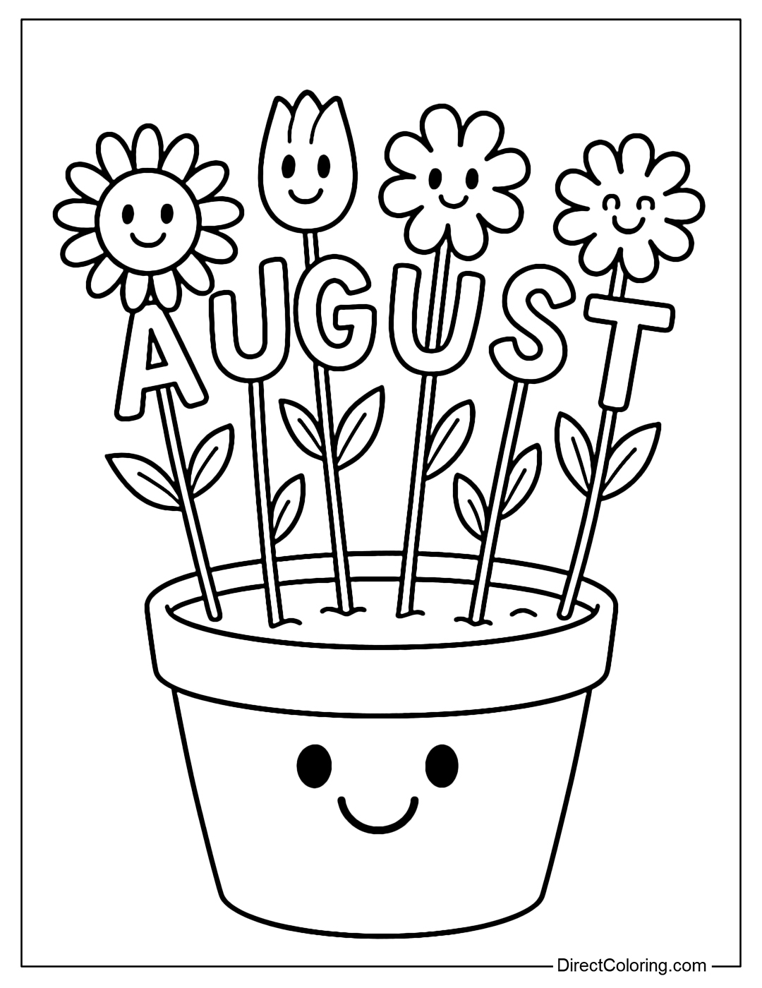A fun flower pot coloring page with cute flowers growing into the letters A-U-G-U-S-T, each letter is a flower with a funny face.